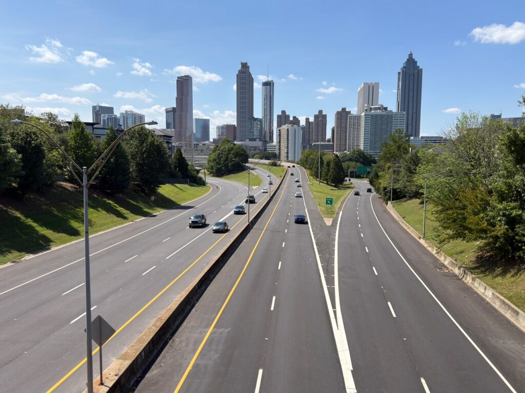 The view from the bridge, looking west down Freedom Parkway to downtown.