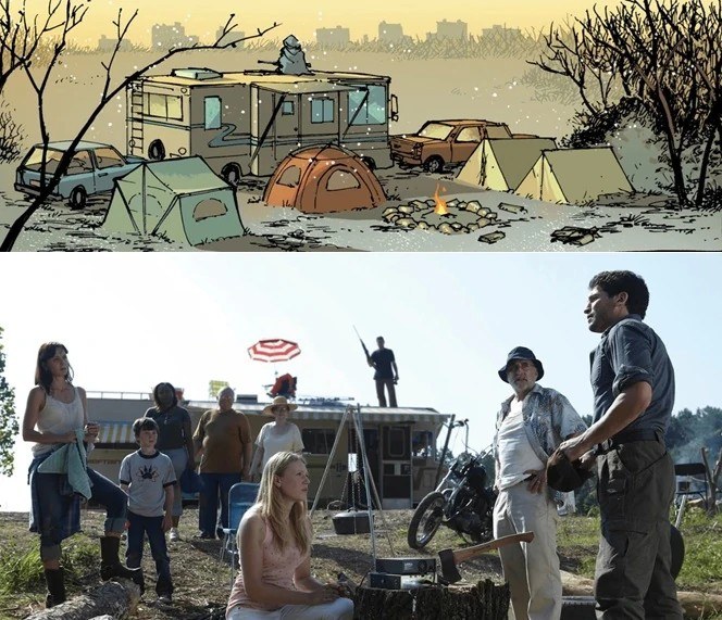 The camp as the comic drew it, and as the show built it at the quarry.